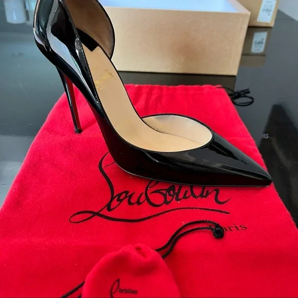 💯 Authentic CHRISTIAN LOUBOUTIN Iriza Patent Open-Side Red Sole Pump Black - Picture 2 of 10